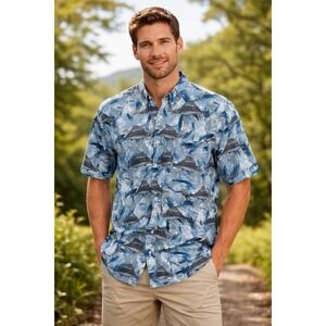 MICHAEL AUSTIN Men's Large Rugged Wear AOP Marlin Fish Shirt -2817